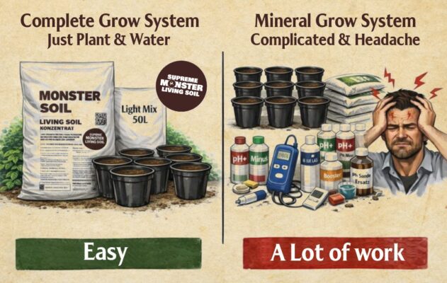 Living soil cost: Monster Soil complete grow system compared with a mineral grow system