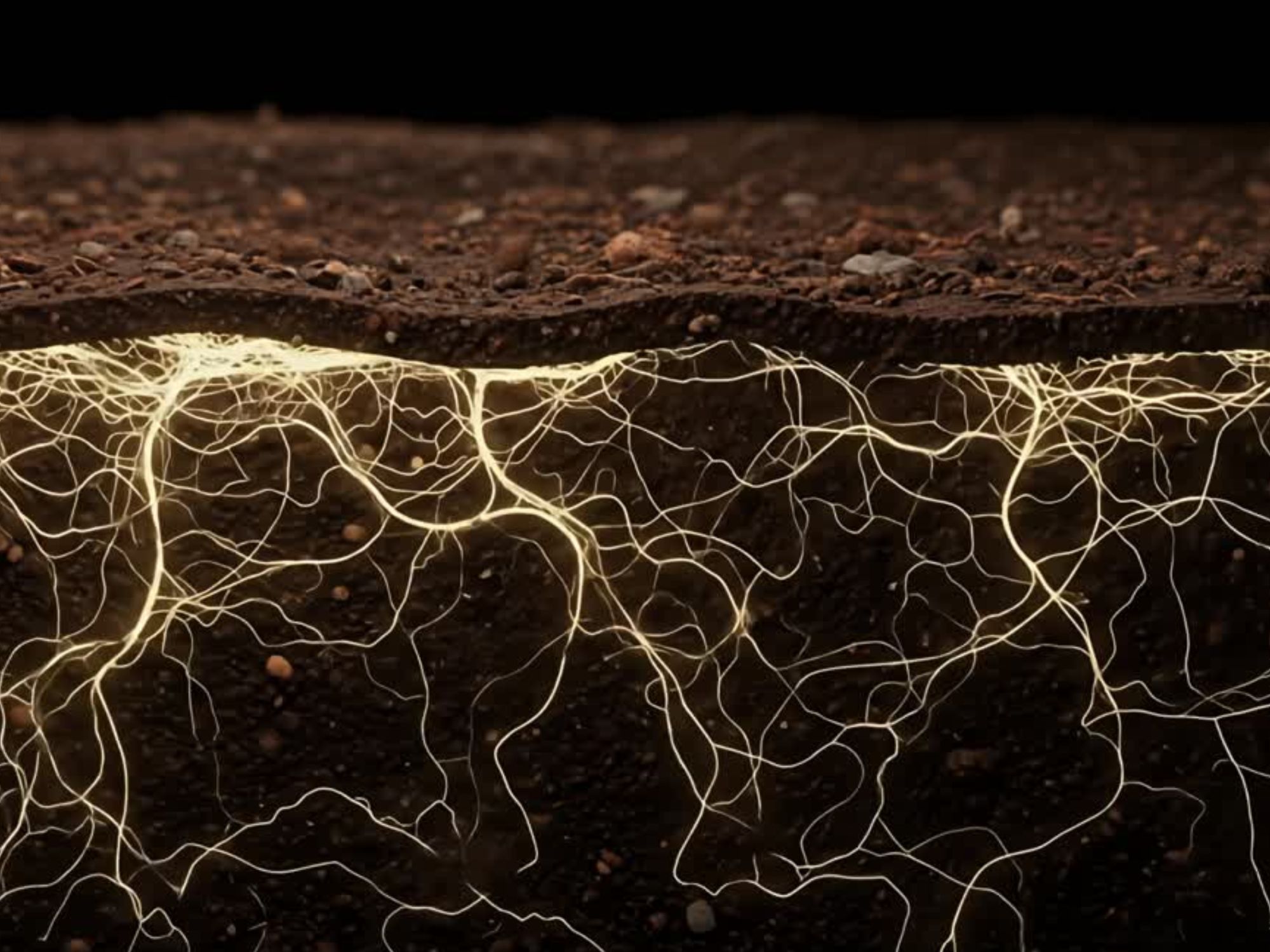 Pflanzenwurzeln wachsen durch dunkle Living Soil