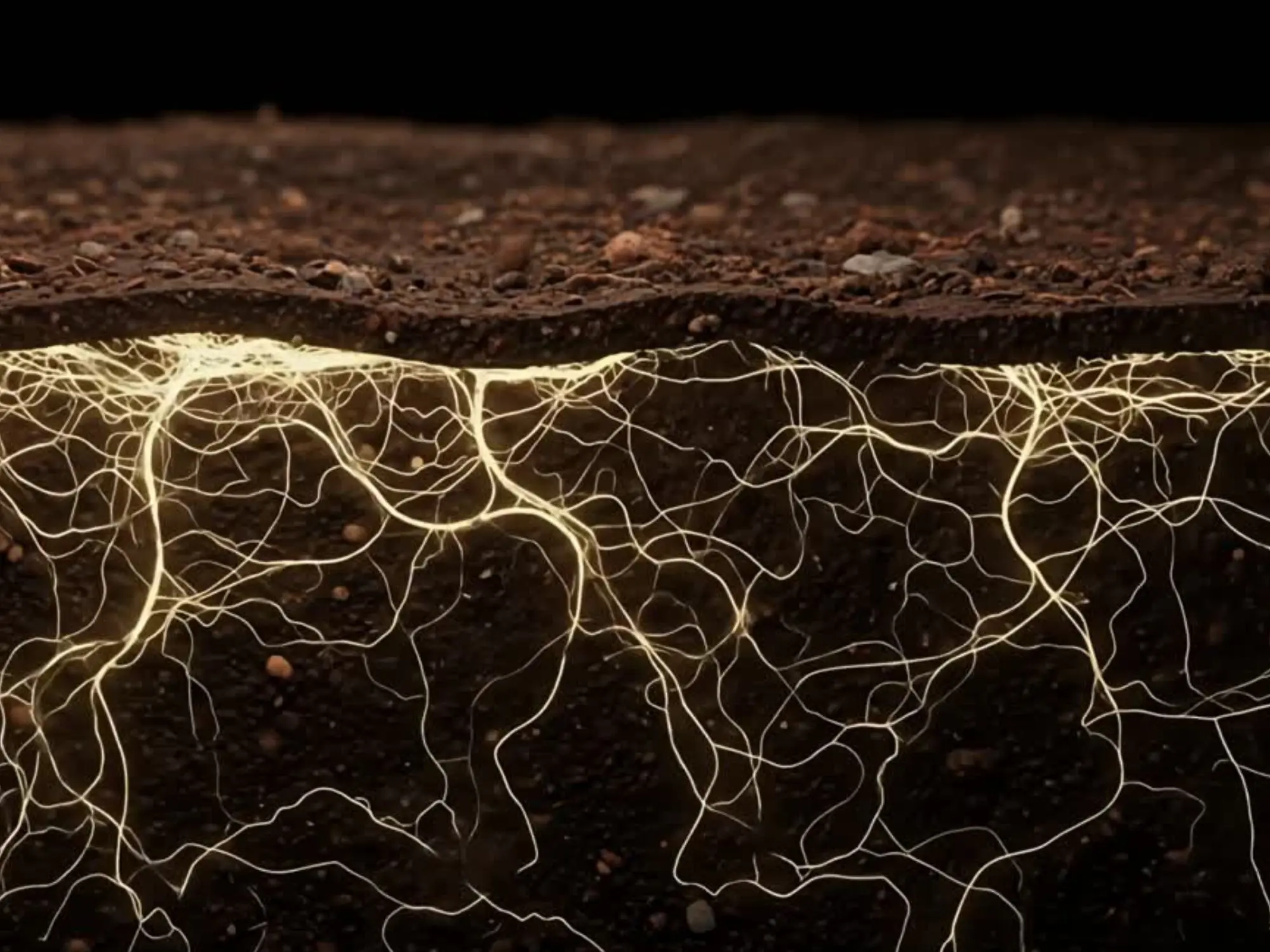 Plant roots growing through dark living soil